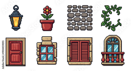 Pixel art home elements: doors, windows, lantern, and garden decor