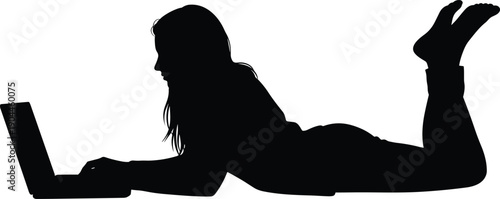 Woman using laptop silhouette, remote work and online lifestyle concept, relaxed female freelancer working from home, minimalist black vector illustration isolated