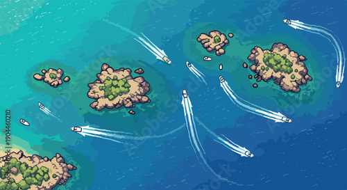 Pixel art islands and boats in turquoise ocean waters