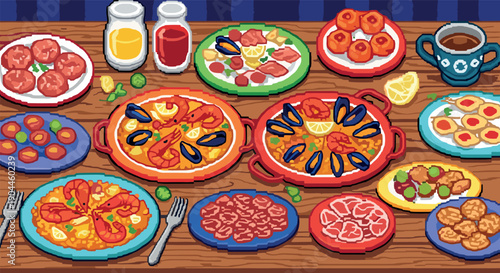 Pixel art feast: colorful mediterranean dishes and tapas displayed on a wooden table