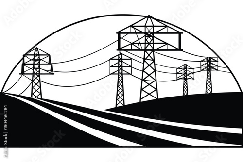 power lines over farmland silhouette vector illust