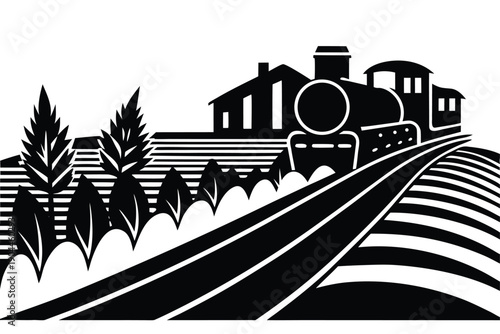 railway beside crop fields silhouette vector illus