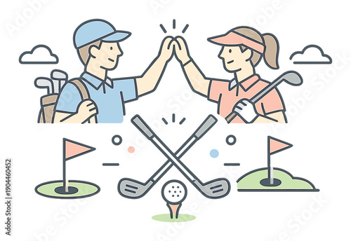 Cartoon male and female golfers high-fiving with clubs and flags