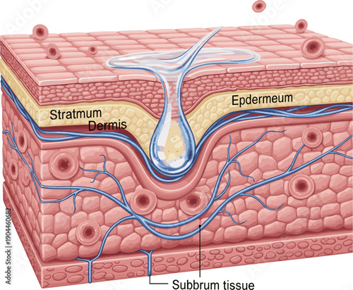 Isolated a realistic Serum drop penetrating skin layers cross section view 3D illustration vector art with white background.
