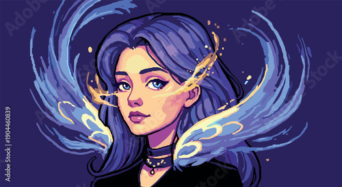 Pixel Art Fantasy portrait of a woman with ethereal blue hair and glowing wings in pixel art style