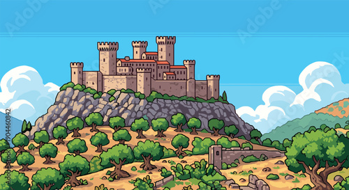 Pixel Art Medieval castle on hill with lush greenery and clear blue sky in pixel art style