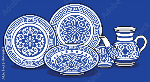 Pixel Art Retro 8-bit blue and white ceramic pattern plates and jug set on blue background