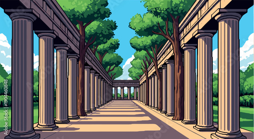 Pixel Art Majestic arcade of classical columns in a sunlit park landscape