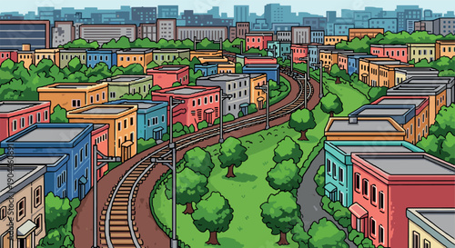 Pixel Art Urban cartoon neighborhood with railway and colorful buildings in lush greenery
