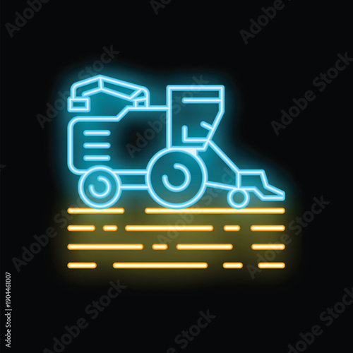 Neon illustration of a combine harvester working in a field at night