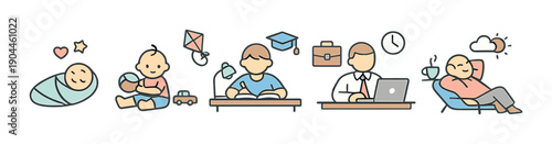 Illustrated stages of life from infant to adult with daily activities