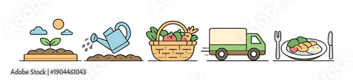 Sustainable farming process illustrated through simple line art and icons