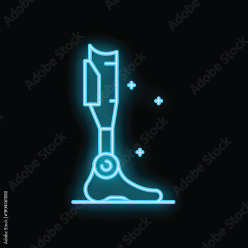 Blue neon icon of a prosthetic leg glowing on a black background
