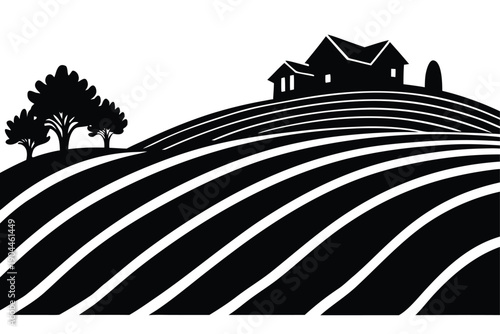 contour farming on hillside silhouette vector illu