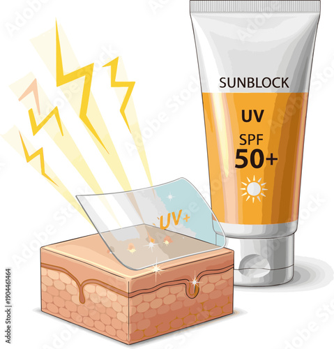 Isolated a realistic Sunblock protect skin from UV light concept. 3D rendering. vector art with white background..