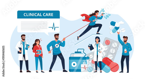 Heroic Clinical Care Team: Vector Illustration of Doctors and Medical Professionals working together for health support, treatment, and medical assistance.