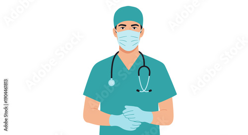 Healthcare Professional Wearing Scrubs, Surgical Cap, Medical Mask, and Gloves with Stethoscope. Doctor, Nurse, or Surgeon Flat Vector Illustration.