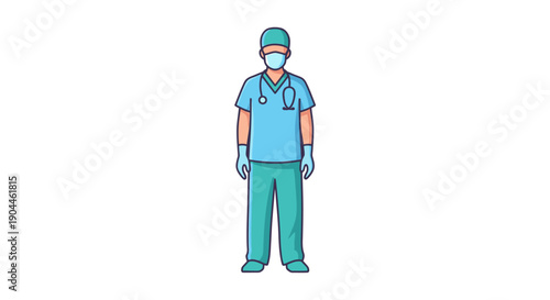 Medical staff icon in scrubs and mask. Full body vector illustration of a surgeon or physician wearing protective gear.