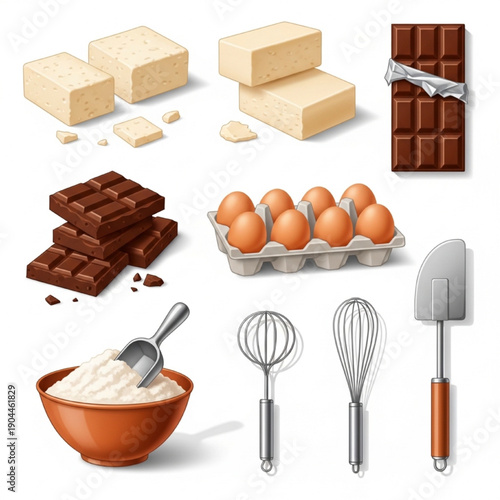 Vector Illustration of Brownie Ingredients with Cream Cheese, Chocolate, Eggs, Flour, and Utensils