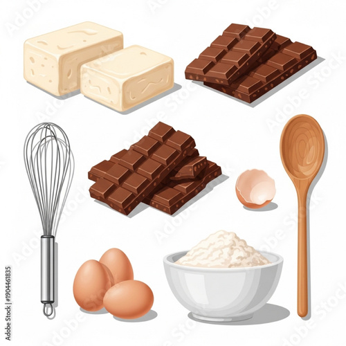 Vector Illustration of Brownie Ingredients with Cream Cheese, Chocolate, Eggs, Flour, and Utensils