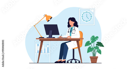Female Doctor Working at Desk on Computer. Medical Professional in Office, Healthcare Administration, Flat Vector Illustration.