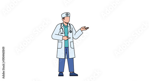 Flat Style Doctor Character in Lab Coat Presenting or Explaining Medical Information. Healthcare Professional Offering Guidance and Consultation Illustration.