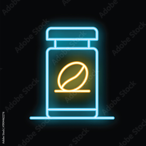 Neon glowing icon of a coffee bean jar isolated on a black background