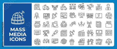 Mass Media and News Broadcasting Line Icons for Journalism and Live Streaming