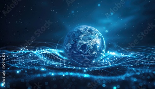 Blue Earth globe floating above glowing digital waves and interconnected data points