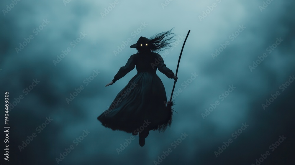 Fototapeta premium A mysterious figure of a witch soaring through a dark, moody sky, characterized by glowing eyes and an iconic broomstick, invoking feelings of intrigue and enchantment.