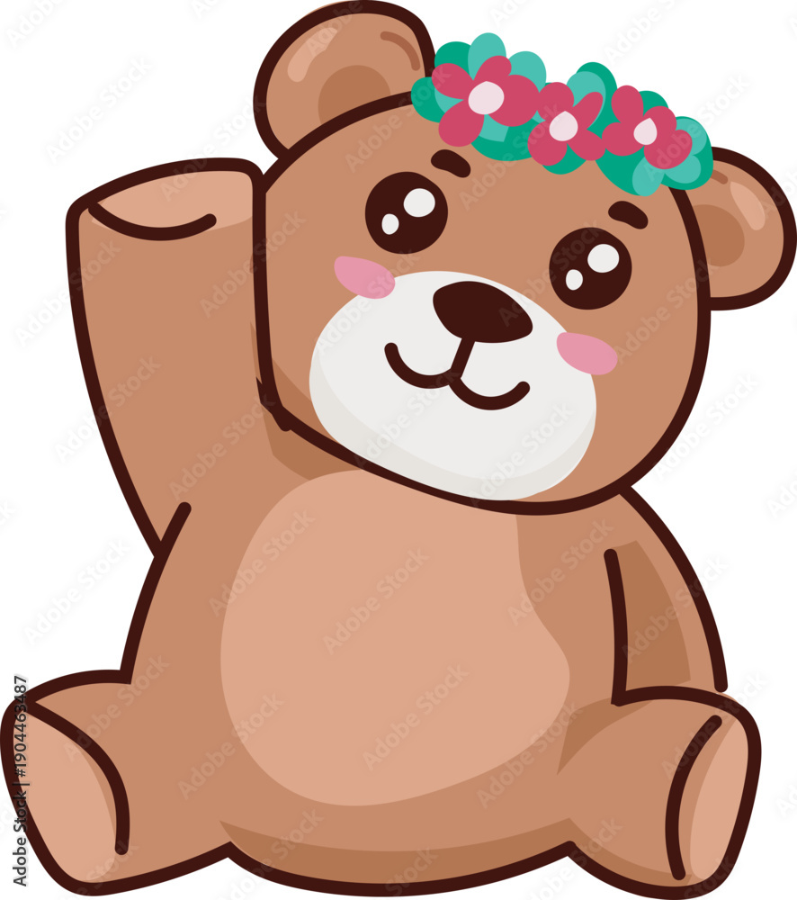 Obraz premium Smiling teddy bear waving with floral crown cute sticker