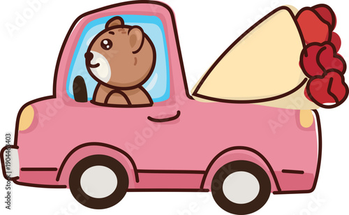 Cute teddy bear driving heart car valentines date illustration