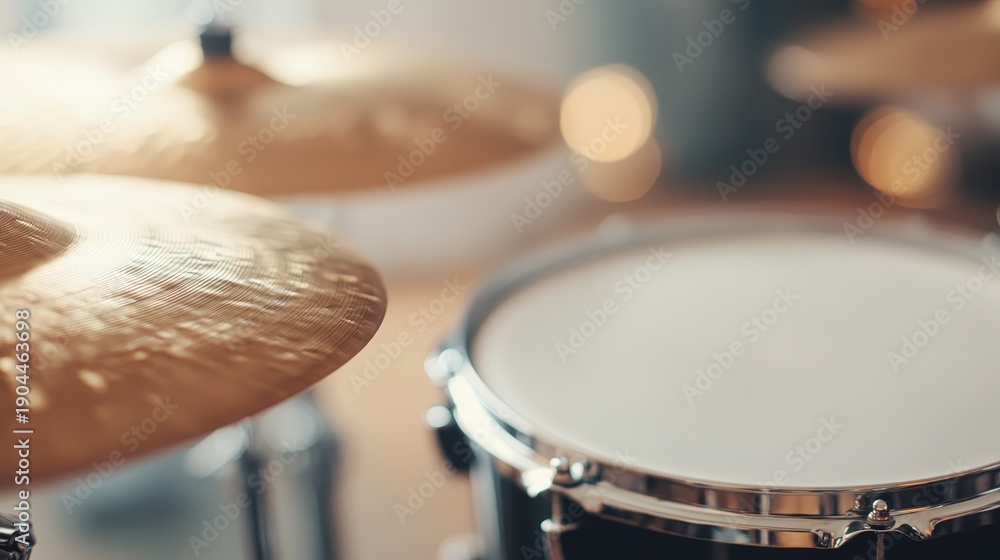 Obraz premium Close-up of cymbals and drums creates an artistic composition, symbolizing rhythm and energy in music while showcasing the beauty of musical instruments in a serene environment.
