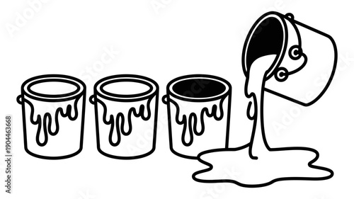 Four stylized paint cans are depicted in this illustration, with one container actively pouring liquid paint onto a clean surface.