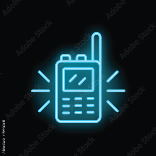 Blue neon icon of a walkie talkie with radio waves transmitting from it on a black background