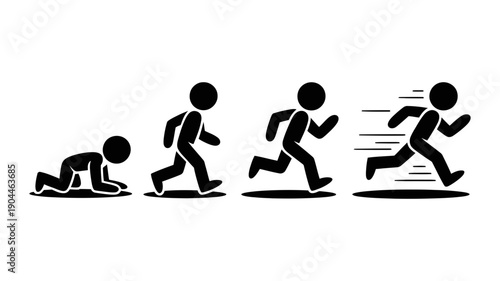 This sequential illustration displays the progression of a stick figure from crawling to walking, then running, symbolizing development and speed.