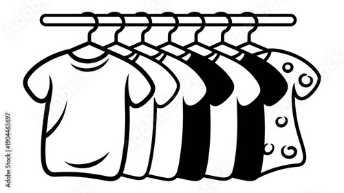 A diverse collection of garments, some solid black and others outlined, are neatly arranged on hangers along a clothing rack.