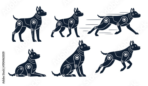Robot Dog Set, Futuristic Companion Poses, Flat Design Vector Illustration
