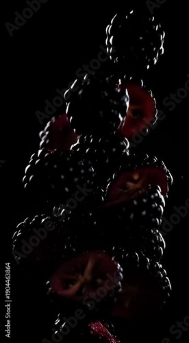 Blackberry halves falling, black background, high contrast lighting, macro cinematic look, premium stock footage, 4K