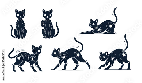 Robotic Cat Set: Sitting, Stretching, Walking Vector Illustration Flat Design