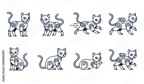 Robotic Cat Set Vector Flat Design, Cute Android Feline Illustrations