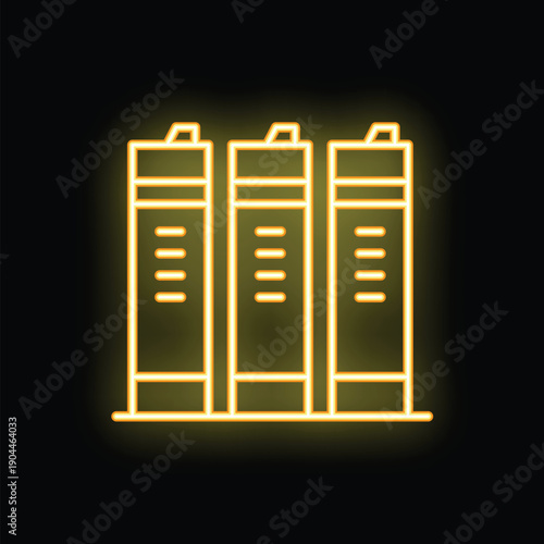 Neon yellow icon of lockers glowing on dark background, ideal for design projects related to school, gym, sports, or security