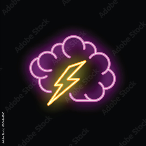 Neon sign representing brainstorming with a brain and a lightning bolt, perfect for illustrating concepts such as creativity and ideas