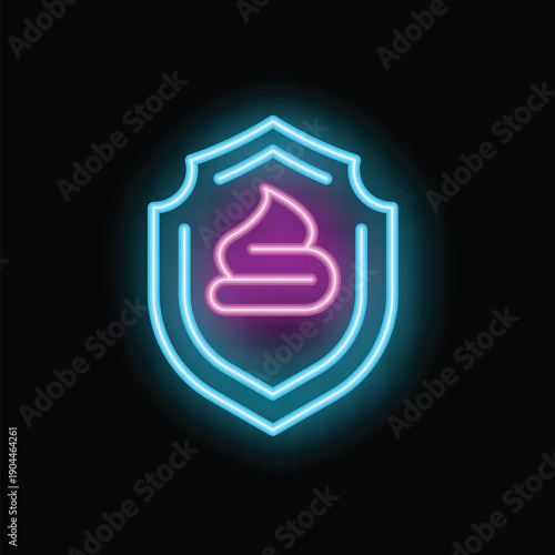 Neon glowing icon of a shield protecting from a poop, on a black background