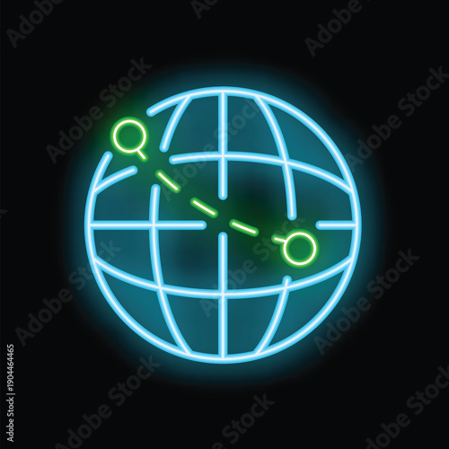 Neon sign of a blue globe with a green dotted line connecting two points, representing global connection and travel