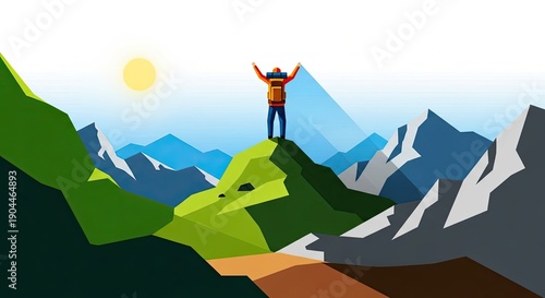 Triumphant Hiker Celebrates Summit Reach Amidst Vibrant Mountain Valleys