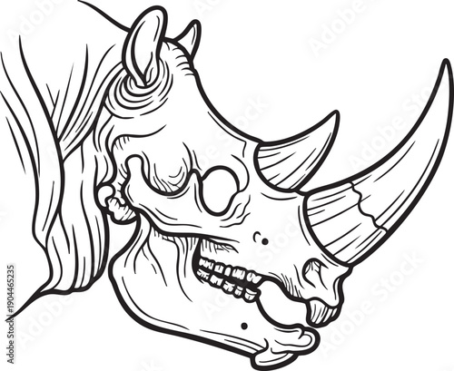 Detailed Illustration of Rhinoceros Skull with Horns.