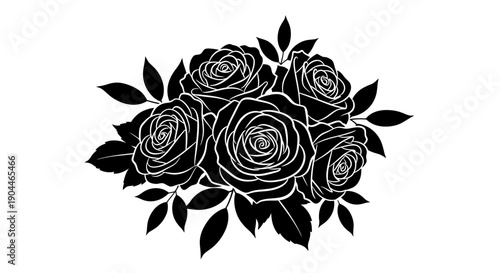 Black floral rose bouquet silhouette illustration representing elegance, romance, beauty, and decorative floral design. This artistic composition features detailed roses and leaves arranged in a class