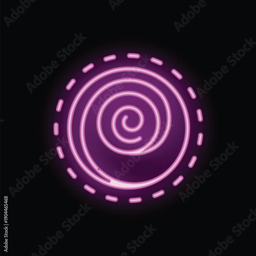Simple glowing purple neon sign in the shape of a spiral on a black background