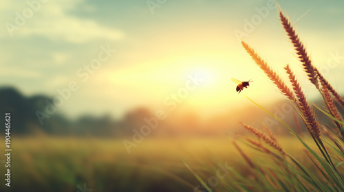 World Bee Day, Honey Bee Flying Over Meadow Grass During Sunrise with Soft Light and Natural Landscape Background, World Bee Day Nature Conservation
